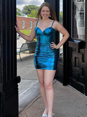 Blue Bodycon Spaghetti Straps Metallic Ruched Tight Homecoming Dress