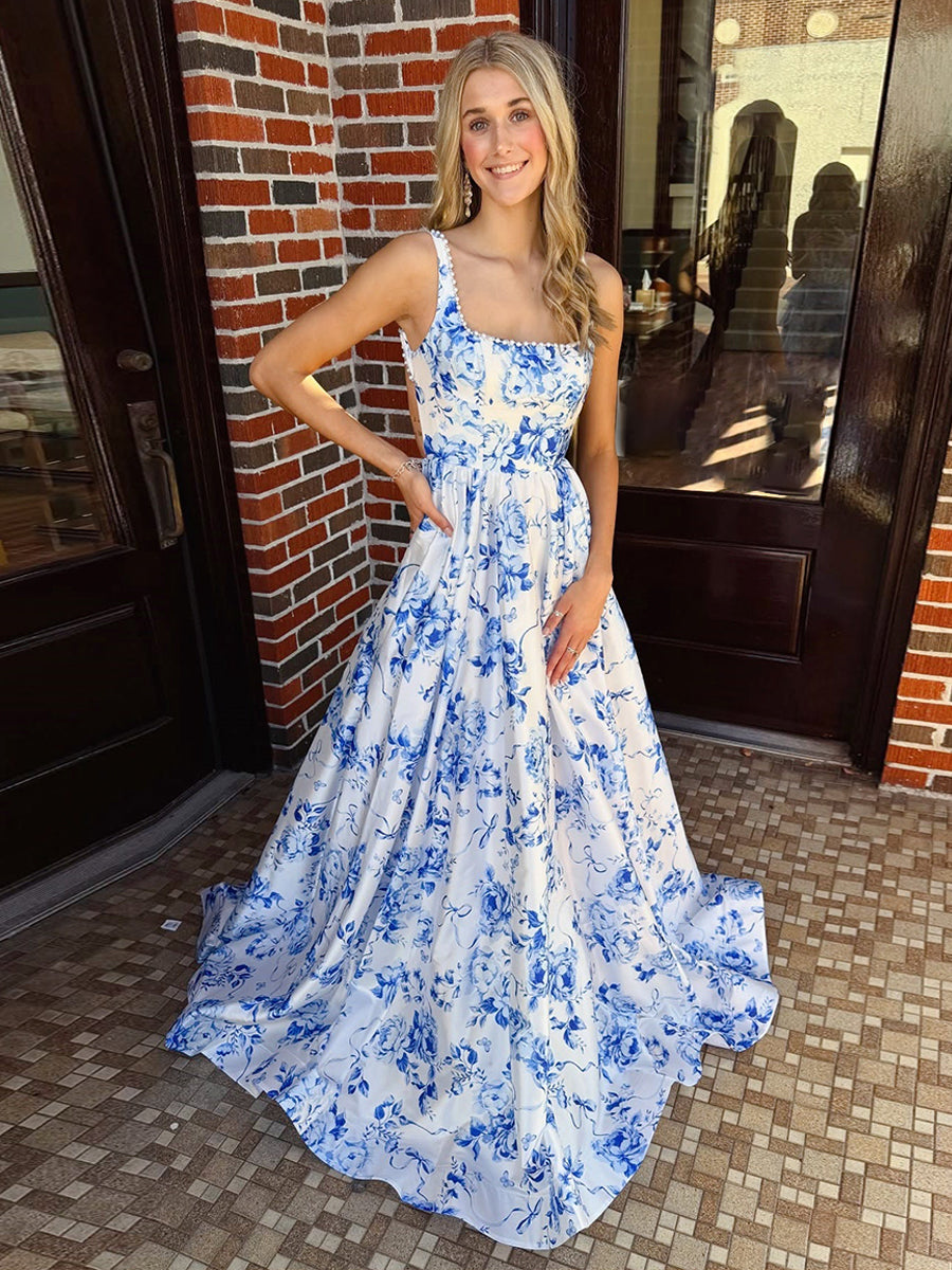 Dreamylily Prom Dress Blue Floral Print Satin Square Neckline A-Line