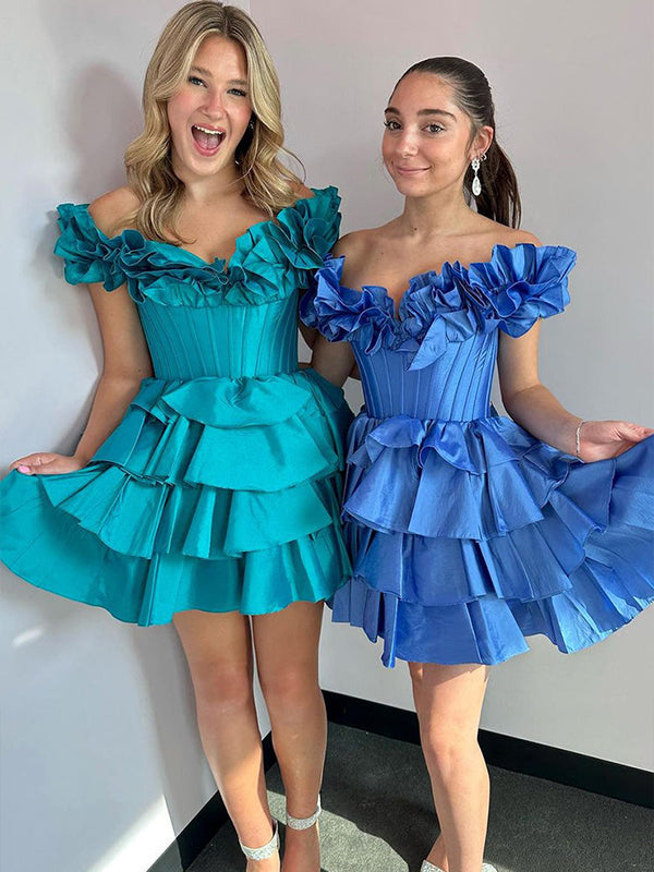 A-Line Off The Shoulder Tiered Satin Homecoming Dress