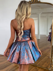 Blue Strapless A-Line Ruched Short Homecoming Dress with Bow