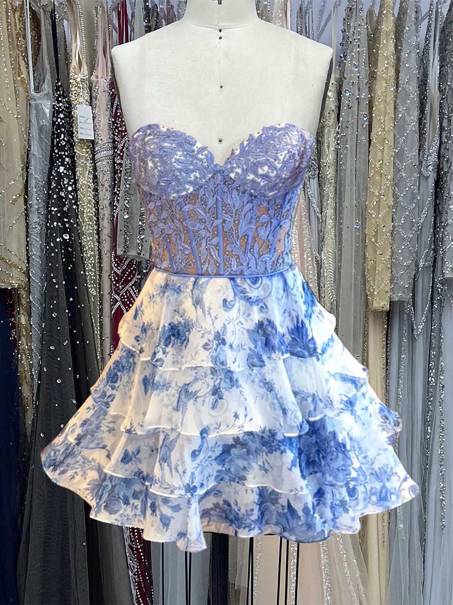 Blue Strapless Printing Sheer Bodice Tiered Short Homecoming Dress