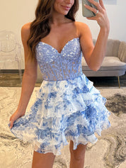 Blue Strapless Printing Sheer Bodice Tiered Short Homecoming Dress