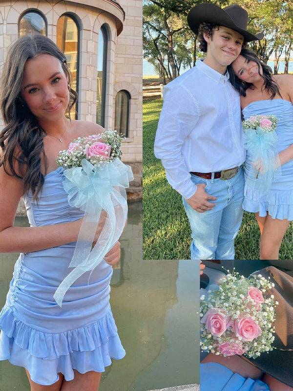 Blue Strapless Ruched Bow Back Homecoming Dress with Ruffle