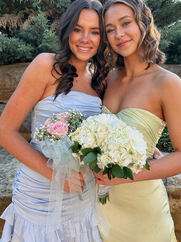 Blue Strapless Ruched Bow Back Homecoming Dress with Ruffle