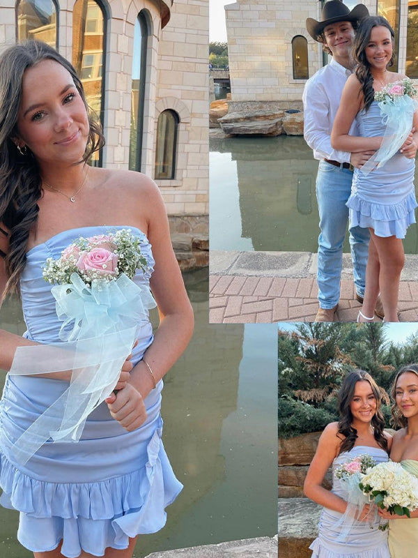 Blue Strapless Ruched Bow Back Homecoming Dress with Ruffle