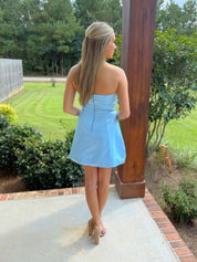 Blue Strapless Scoop Neck Homecoming Dress with 3D Flowers