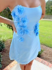 Blue Strapless Scoop Neck Homecoming Dress with 3D Flowers
