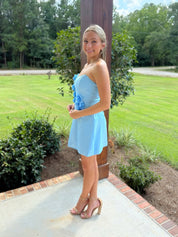 Blue Strapless Scoop Neck Homecoming Dress with 3D Flowers