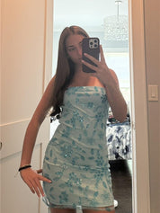 Blue Strapless Sequin Short Homecoming Dress with Appliques