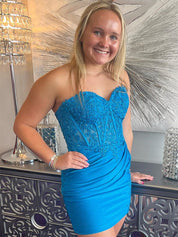 Blue Strapless Sweetheart Appliques Bodycon Short Homecoming Dress