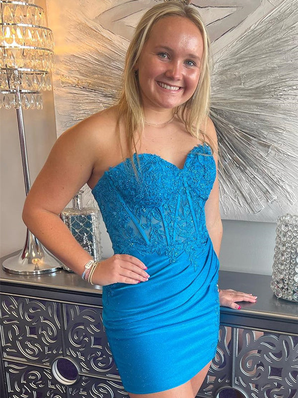 Blue Strapless Sweetheart Appliques Bodycon Short Homecoming Dress