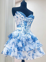 Blue Sweetheart Strapless A-Line Appliquues Tiered Homecoming Dress