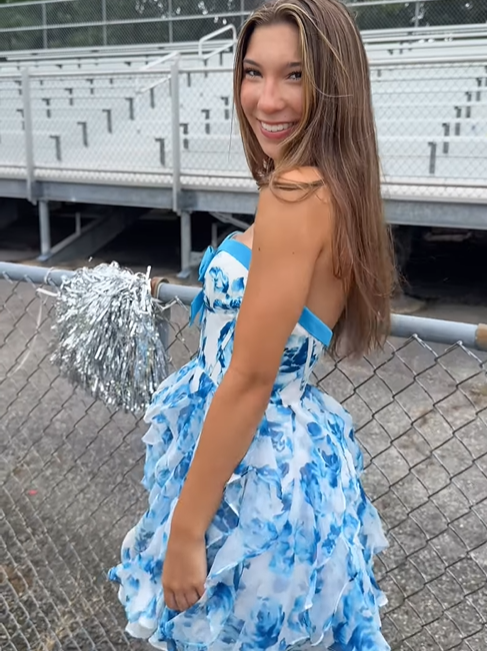 Blue Sweetheart Strapless A-Line Short Floral Homecoming Dress