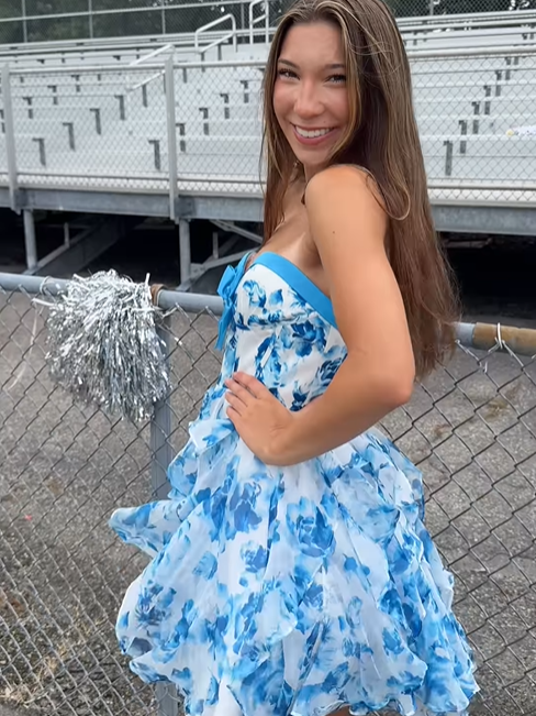 Blue Sweetheart Strapless A-Line Short Floral Homecoming Dress