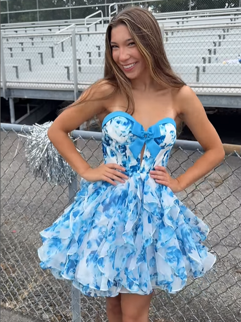 Blue Sweetheart Strapless A-Line Short Floral Homecoming Dress