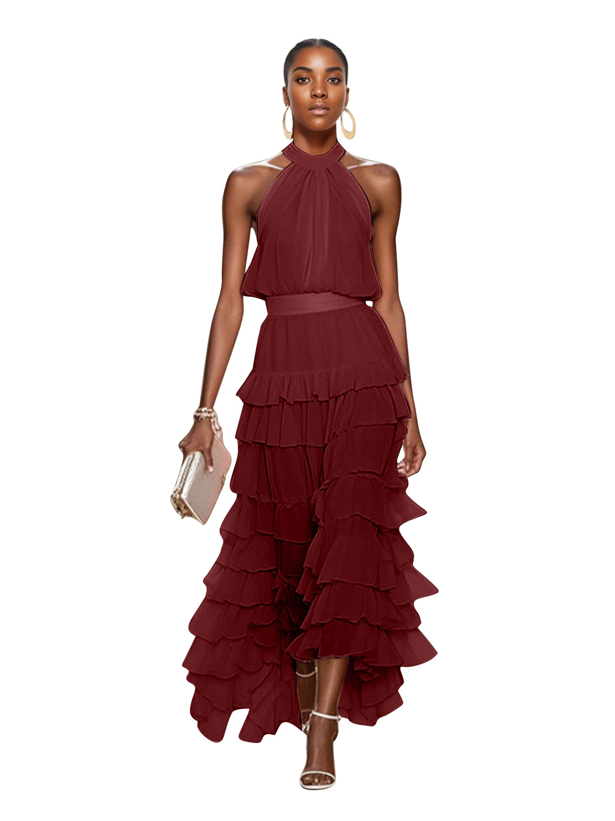 A Line Pink Chiffon Halter Neck Sleeveless Ankle Length Dress With Cascading Ruffles