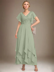 A-line V-Neck Ankle-Length Lace Chiffon Mother of the Bride Dress With Cascading Ruffles