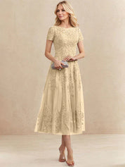 A-line Scoop Tea-Length Tulle Lace Mother of the Bride Dress