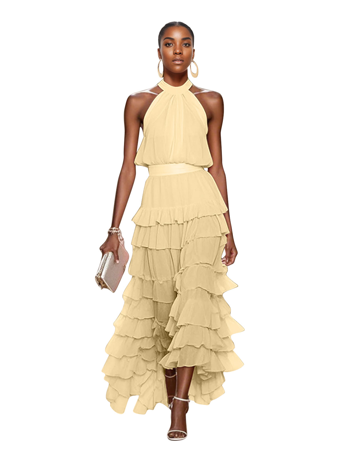 A Line Pink Chiffon Halter Neck Sleeveless Ankle Length Dress With Cascading Ruffles