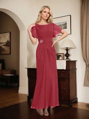 A-line Scoop Ankle-Length Chiffon Mother of the Bride Dress With Beading Pleated