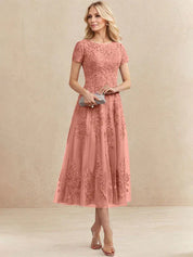 A-line Scoop Tea-Length Tulle Lace Mother of the Bride Dress