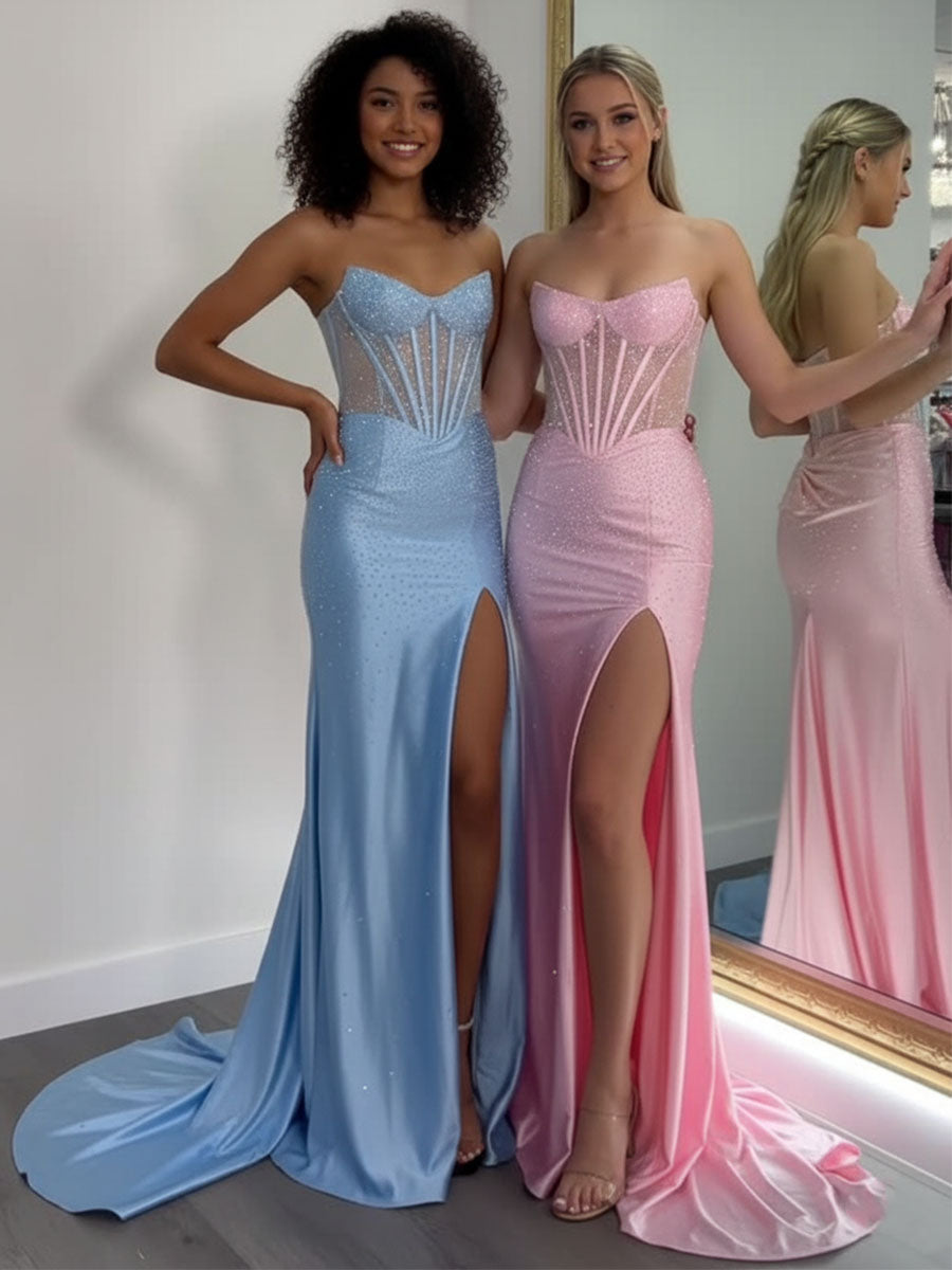 Dreamylily Women Light Blue Mermaid Strapless Corset Beaded Prom Dress