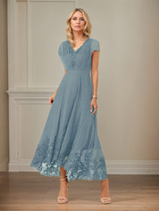 A Line V Neck Flutter Sleeve Ankle Length Chiffon Dress With Appliques