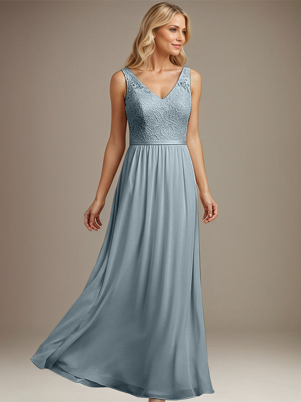 Dreamylily Women Dusty Blue A-line V Neck Floor-Length Lace Chiffon