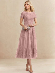 A-line Scoop Tea-Length Tulle Lace Mother of the Bride Dress