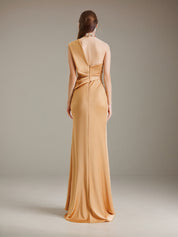 Champagne Satin One Shoulder Sleeveless Asymmetrical Length Dress with High Slit