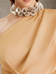 Champagne Satin One Shoulder Sleeveless Asymmetrical Length Dress with High Slit