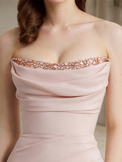 Pink Chiffon Off the Shoulder Floor Length Dress with Rhinestone Details