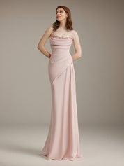 Pink Chiffon Off the Shoulder Floor Length Dress with Rhinestone Details