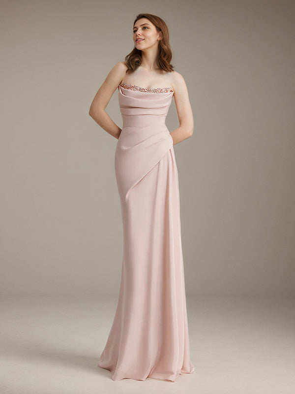 Pink Chiffon Off the Shoulder Floor Length Dress with Rhinestone Details