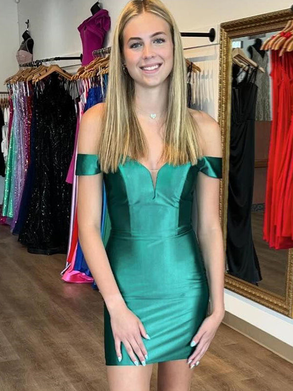 Dreamylily Women Emerald Green Off the Shoulder Bodycon Satin Short  Homecoming Dress