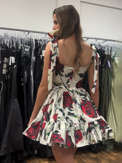 Floral White Satin A Line Printed Short Homecoming Dress with Ruffles