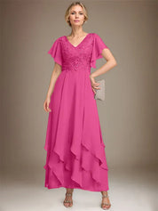 A-line V-Neck Ankle-Length Lace Chiffon Mother of the Bride Dress With Cascading Ruffles