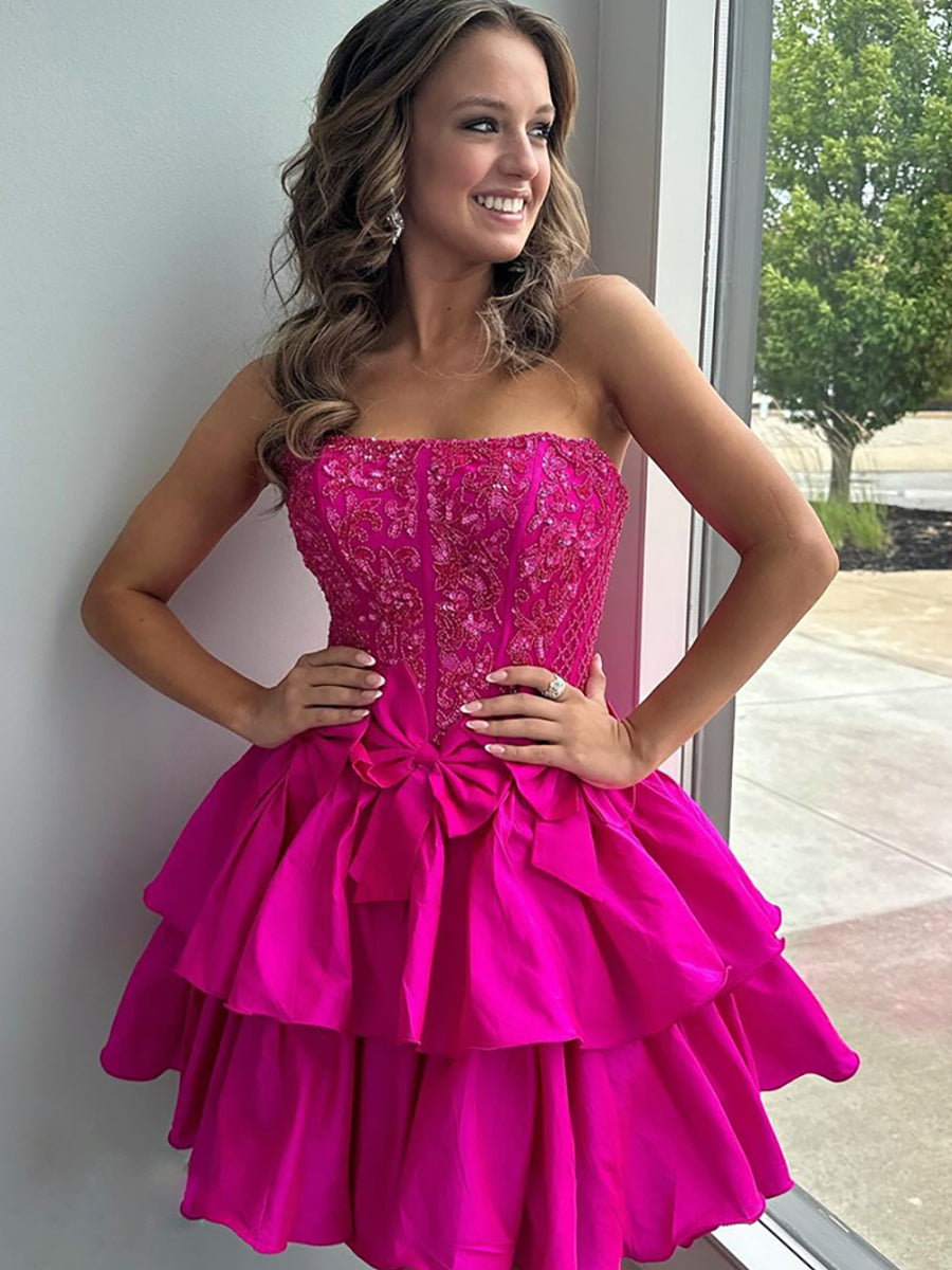Unique design Fuchsia A Line Strapless Corset Short Homecoming Dress With Bows