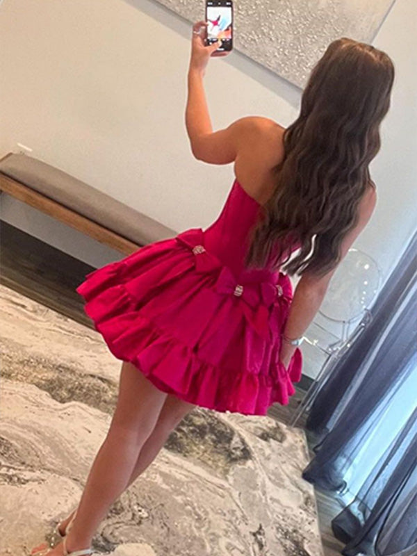 Fuchsia A-Line Strapless Short Satin Homecoming Dress With Bowknot