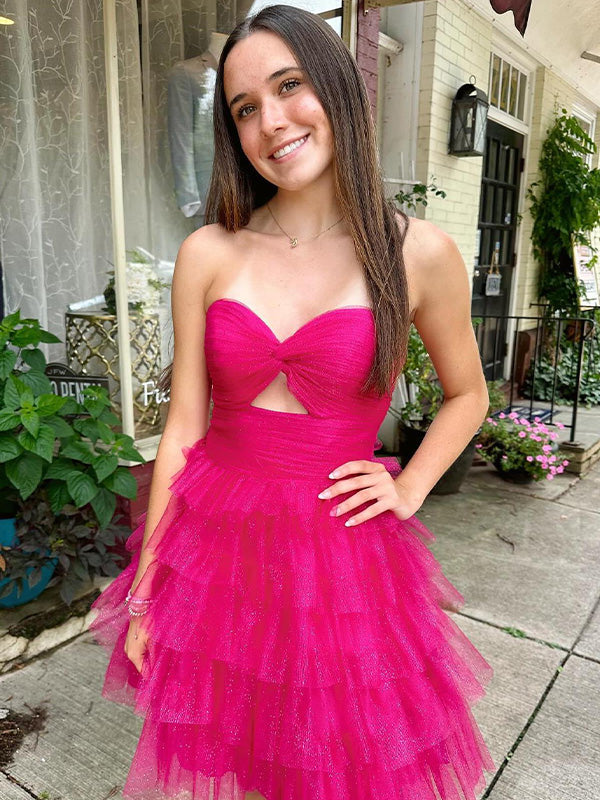 Dreamylily Women Fuchsia A Line Strapless Knotted Tiered Ruffle Short  Homecoming Dress