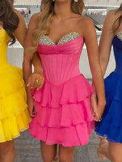 Fuchsia Strapless Sweetheartl Corset Tiered Homecoming Dress