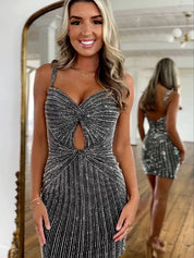 Glitter Black Bodycon Straps Short Tight Beaded Homecoming Dress