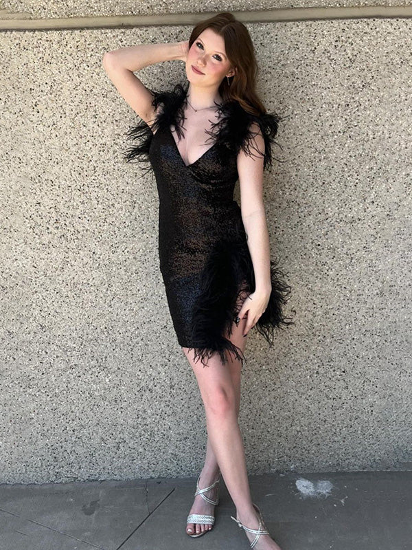Glitter V-Neck Short Homecoming Dress With Feather