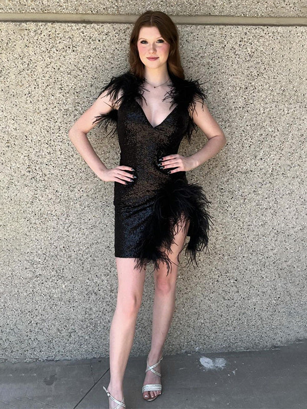 Glitter V-Neck Short Homecoming Dress With Feather
