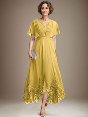 A-line V-Neck Asymmetrical Lace Chiffon Mother of the Bride Dress With Pleated