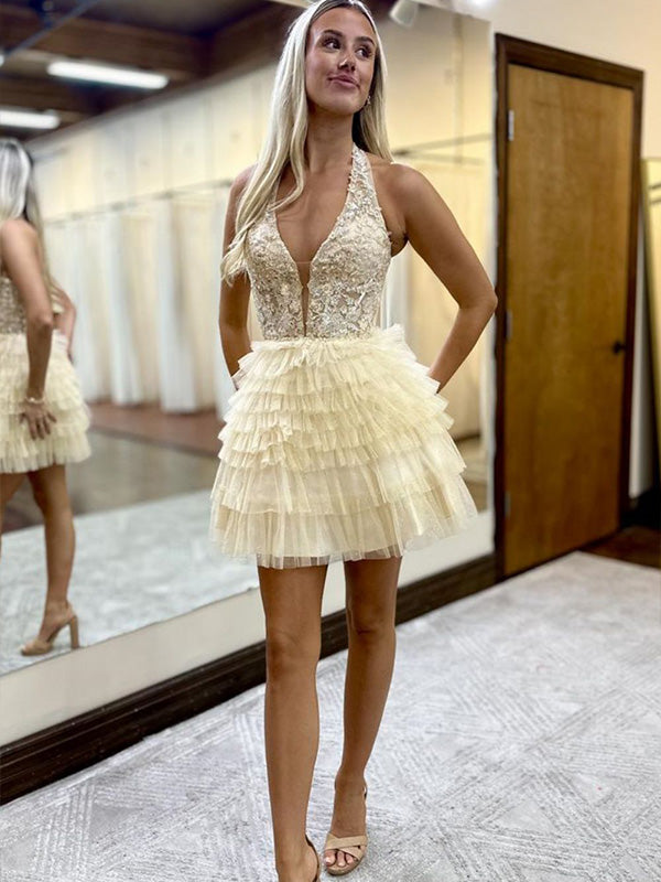 Gold A-Line Halter Neck Short Tulle Homecoming Dress with Appliques