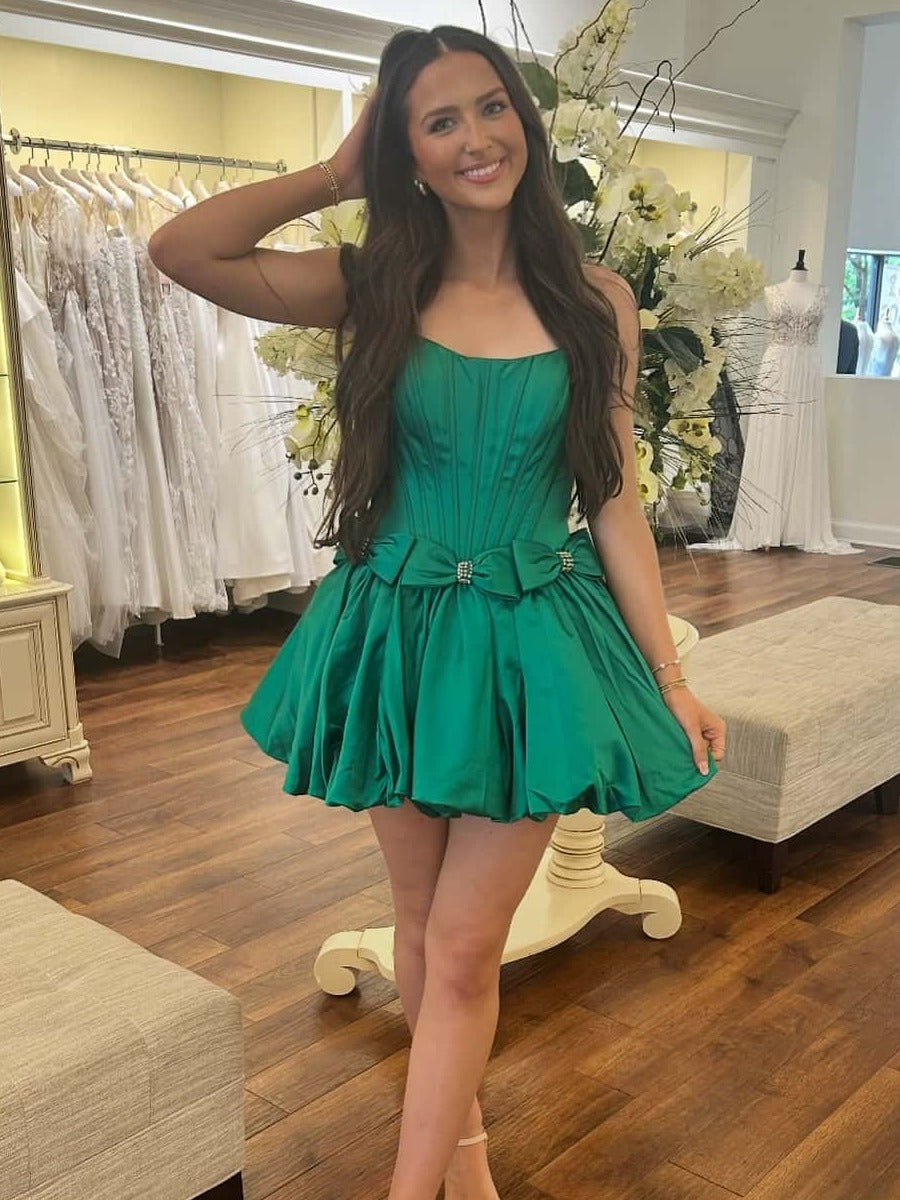 Green A-Line Strapless Puff Homecoming Dress with Cinched Waist