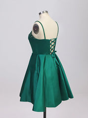 Green A Line Spaghetti Straps Satin Short Homecoming Dress