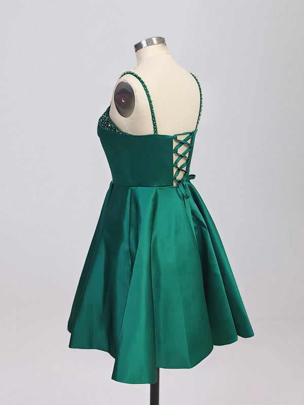 Green A Line Spaghetti Straps Satin Short Homecoming Dress