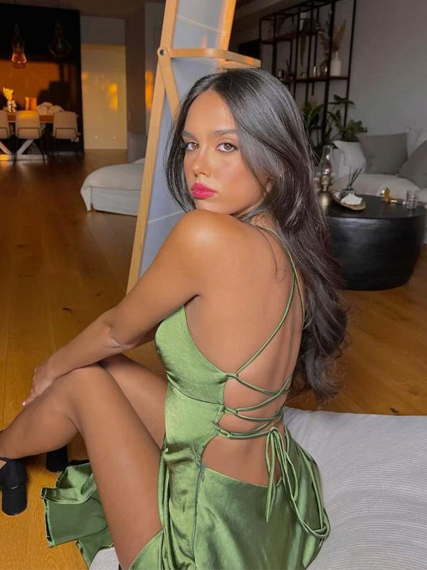 Green Sexy Spaghetti Straps Soft Satin Long Party Dress